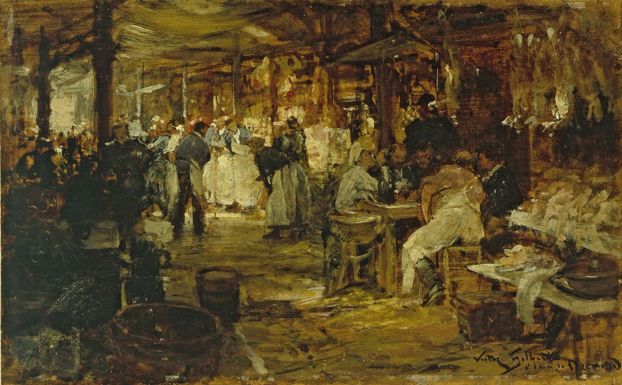 Le marché de la Madeleine, n. 1890 (öljy puulle) tekijältä Victor Gabriel Gilbert
