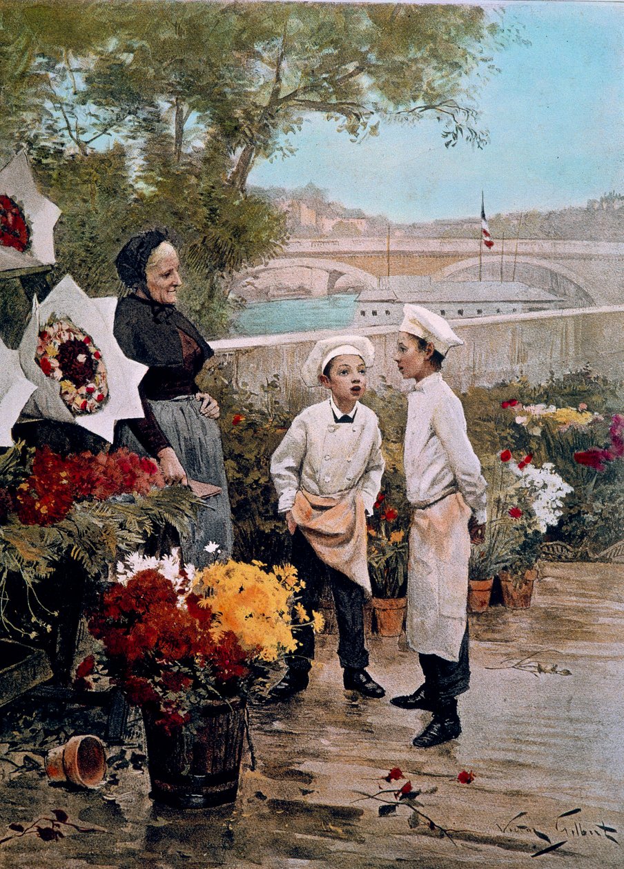 Suojelijan juhlat Oppipoikailla kukkakauppiaat ja kukkakauppa laiturilla. Kaiverrus Victor Gabriel Gilbertin (1847-1933) maalauksen jälkeen 1800-luku. Pariisi, koristetaide tekijältä Victor Gabriel Gilbert