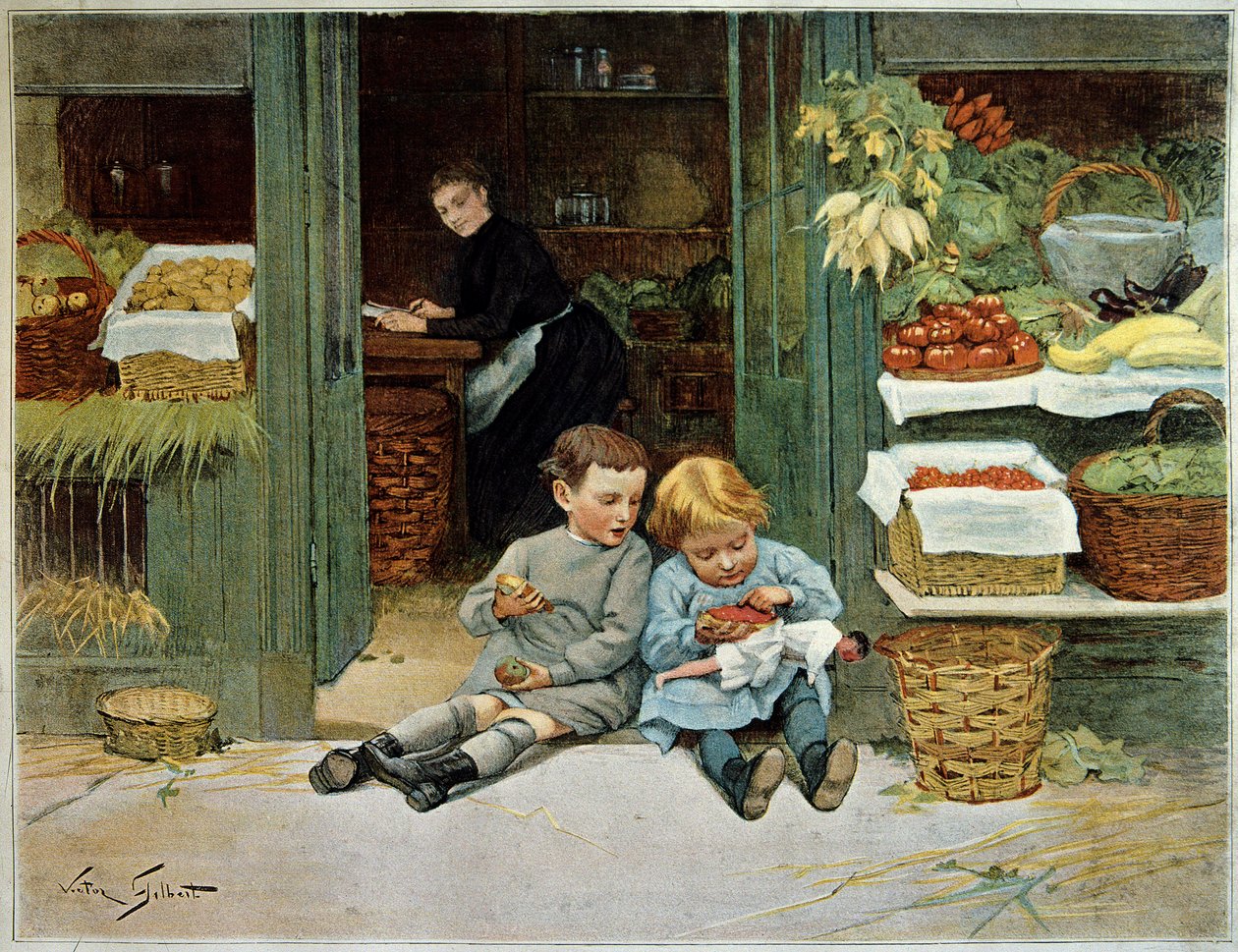 Kiertele häntä. Lapsi syö paahtoleipää äitinsä elintarvikkeiden edessä. Pienellä tytöllä on nukke polvissaan. Victor Gilbertin (1847-1935) maalaus. Pariisi, koristetaide tekijältä Victor Gabriel Gilbert