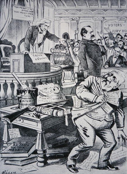 Grover Cleveland (1837-1908) kertoo totuuden yksityiselämästään, kun taas hänen vastustajansa James Blaine (1830-93) on kuvattu korruptoituneena tekijältä Victor Gillam