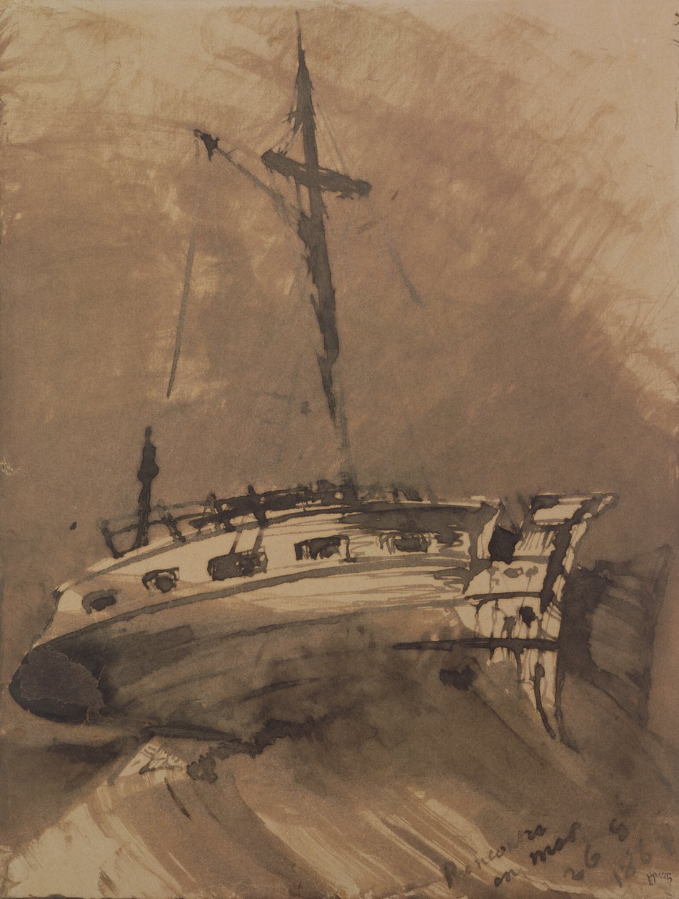 A Ship in Choppy Seas, 1864 (kynän ja musteen pesu paperille) tekijältä Victor Hugo