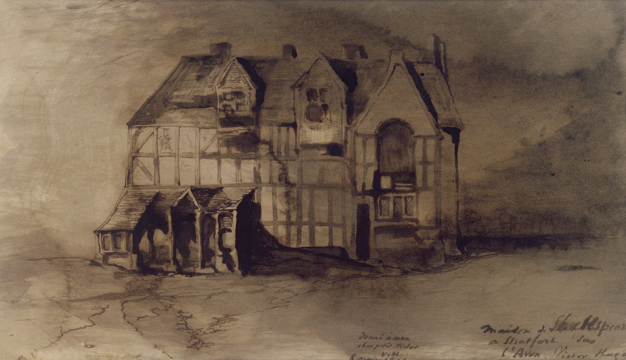 William Shakespearen (1564-1616) talo Stratford-upon-Avonissa (kynä ja muste ja pesu paperille) tekijältä Victor Hugo