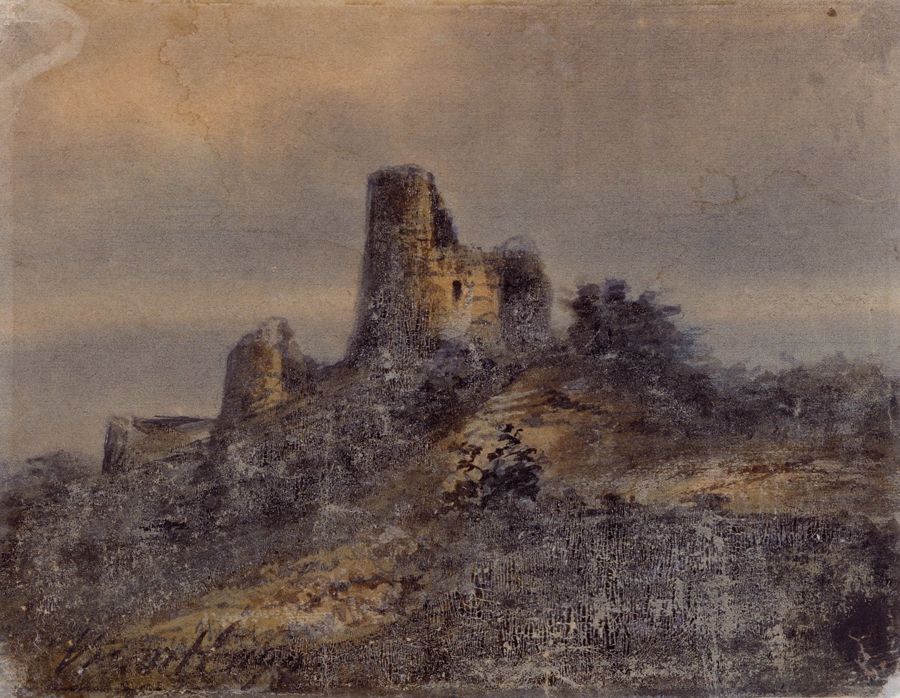 Näkymä Arques la Bataillen linnan raunioista (Arques-la-Bataille) Piirustus: Victor Hugo (1802-1885) 1800-luku Koko 17,4x22 cm Marseille, Chateau Borely, Koristetaiteen, fajanssin ja muotimuseo tekijältä Victor Hugo
