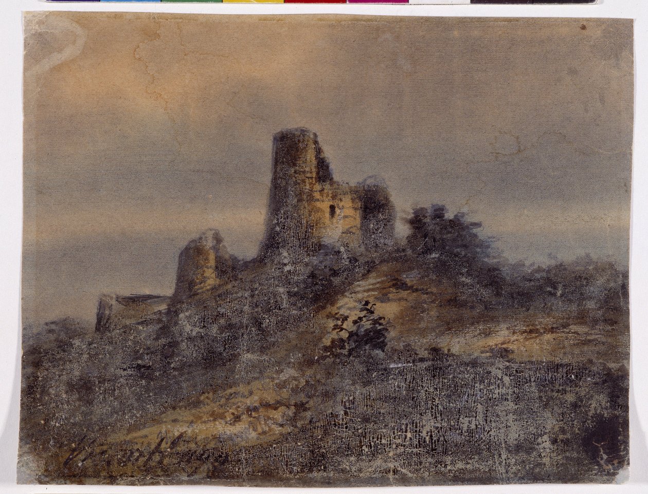 Näkymä Arques la Bataillen linnan raunioista (Arques-la-Bataille) Piirustus: Victor Hugo (1802-1885) 1800-luku Koko 17,4x22 cm Marseille, Chateau Borely, Koristetaiteen, fajanssin ja muotimuseo tekijältä Victor Hugo