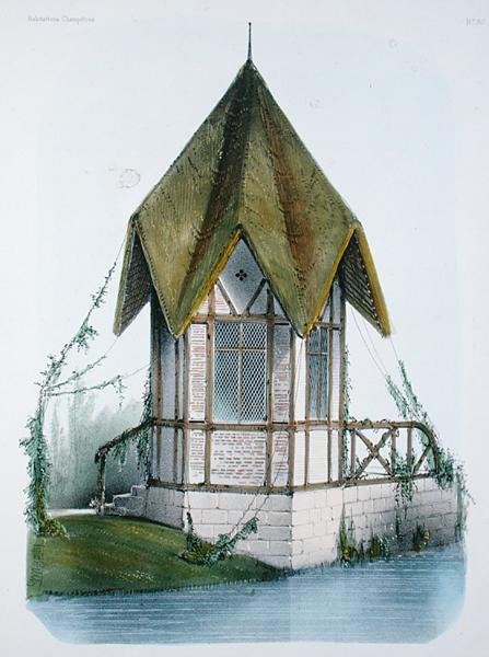 Maaseutupaviljonki, "Habitations Champetres", kaivertanut Becquet Brothers, n. 1855 (väri litho) tekijältä Victor Jean Baptiste (after) Petit