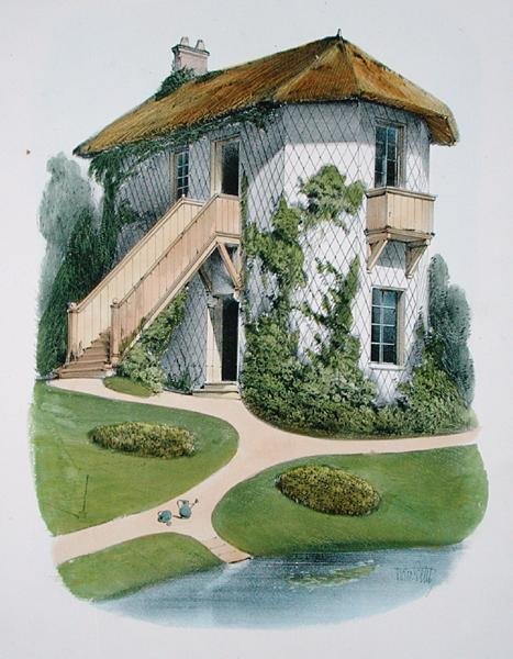 Puutarhurin mökki, Habitations Champetresistä, julkaistu n. 1885 (chromolitho) tekijältä Victor Jean Baptiste Petit