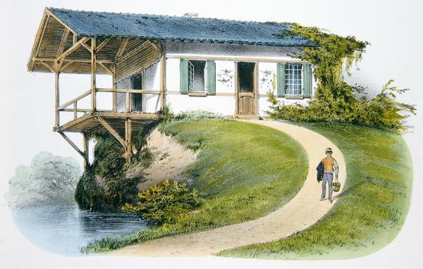 Riistanvartijan talo, kuvitus teoksesta "Habitations Champetres", julkaistu Pariisissa, noin 1895 (kromoliitti). tekijältä Victor Jean Baptiste (after) Petit