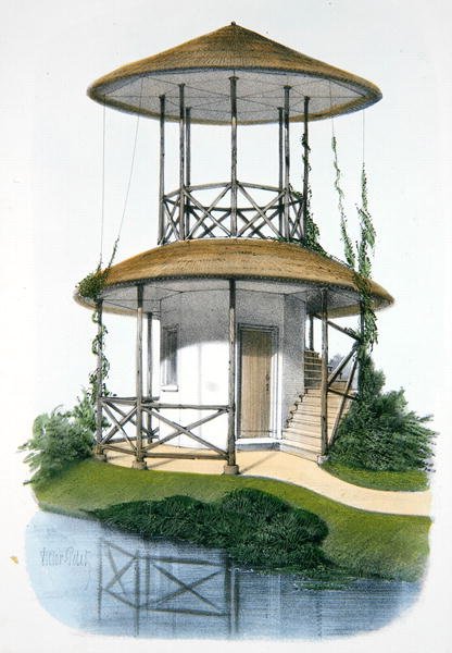 Maalaismainen paviljonki, jossa on näköalapaikka, kuvitus teoksesta "Habitations Champetres", julkaistu Pariisissa, noin 1895 (kromoliittikuva). tekijältä Victor Jean Baptiste (after) Petit