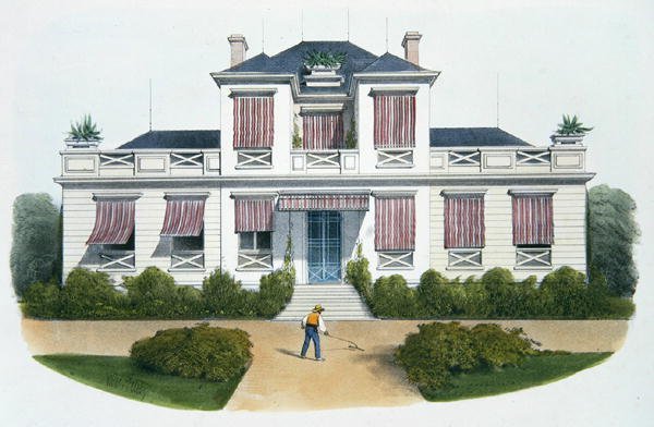 Italialainen huvila, kuvitus "Habitations Champetres" -julkaisusta, julkaistu Pariisissa, n. 1895 (chromolitho) tekijältä Victor Jean Baptiste (after) Petit