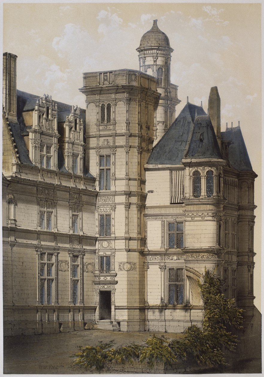 Anjoun hotelli, Angers, kuvitus teoksesta "Les Chateaux de la vallee de la Loire", Pariisi, julkaistu Ch. Boivin, 1861 tekijältä Victor Jean Baptiste Petit