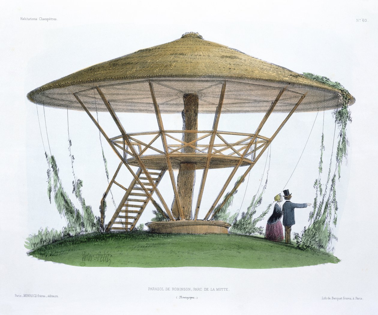 Robinsonin päivänvarjo, Parc de la Motte, Burgundy, teoksesta "Habitations Champetres", kaiverrus Becquet Brothers, n. 1855 tekijältä Victor Jean Baptiste Petit