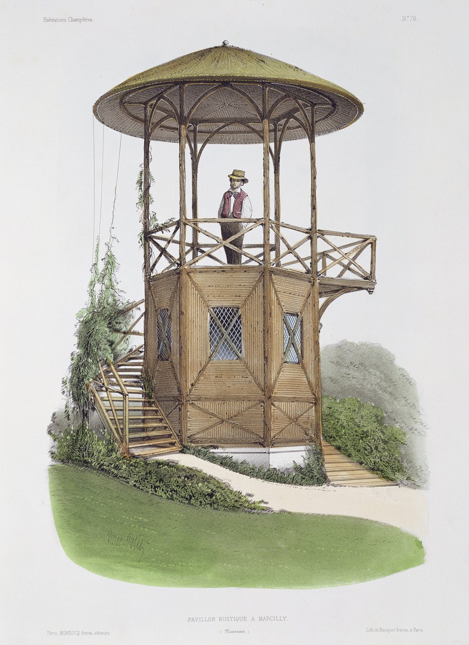Maalaismainen paviljonki Marcillyssa, Habitations Champetresistä, kaiverrus Beaquet Freres, n. 1855 tekijältä Victor Jean Baptiste Petit