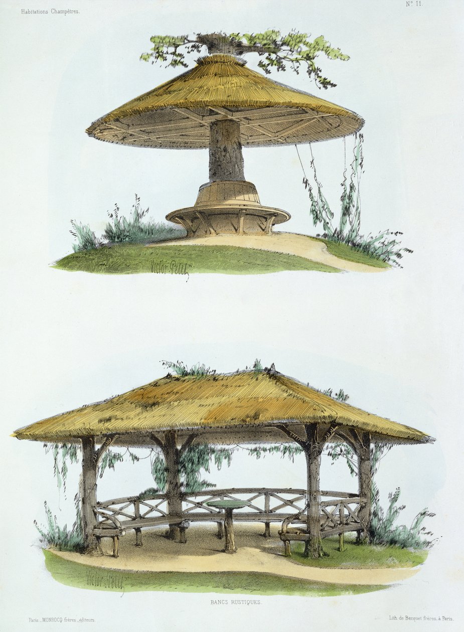 Maalaistyyliset penkit, "Habitations Champetres", julkaistu n. 1855 (kromolitografia) tekijältä Victor Jean Baptiste Petit