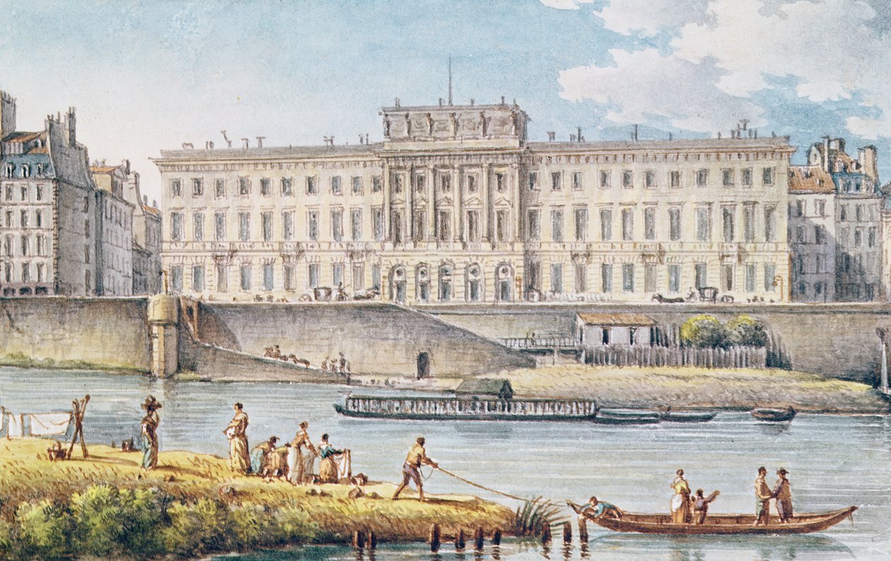 Näkymä Hotel des Monnaies -hotelliin Seinen kahden haaran yhtymäkohdassa. tekijältä Victor Jean Nicolle