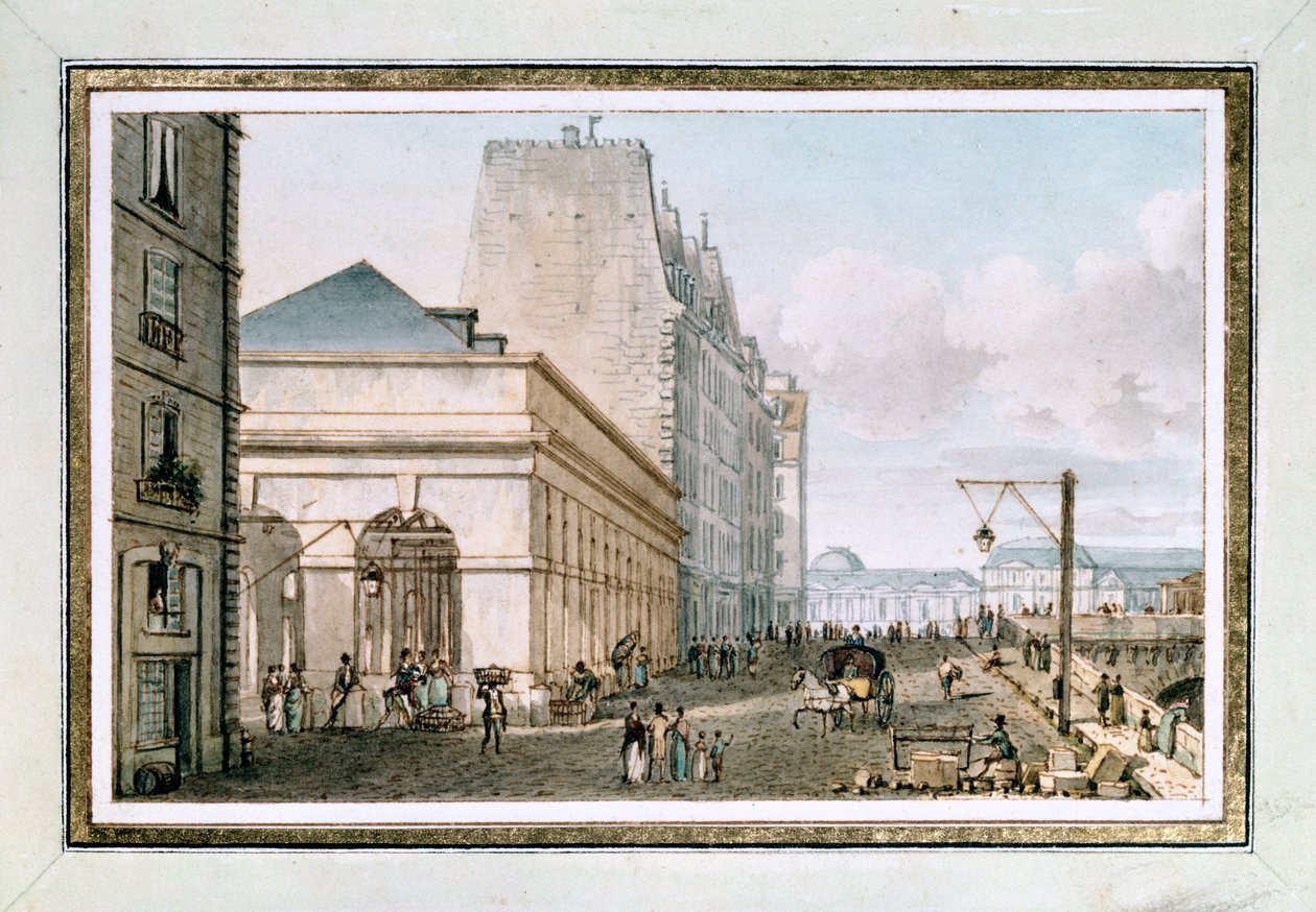 Näkymä uudelle siipikarjatorille, joka sijaitsee Quai des Augustinsilla lähellä Pont-Neufia, Pariisi, n. 1810 (akvarelli) tekijältä Victor Jean Nicolle