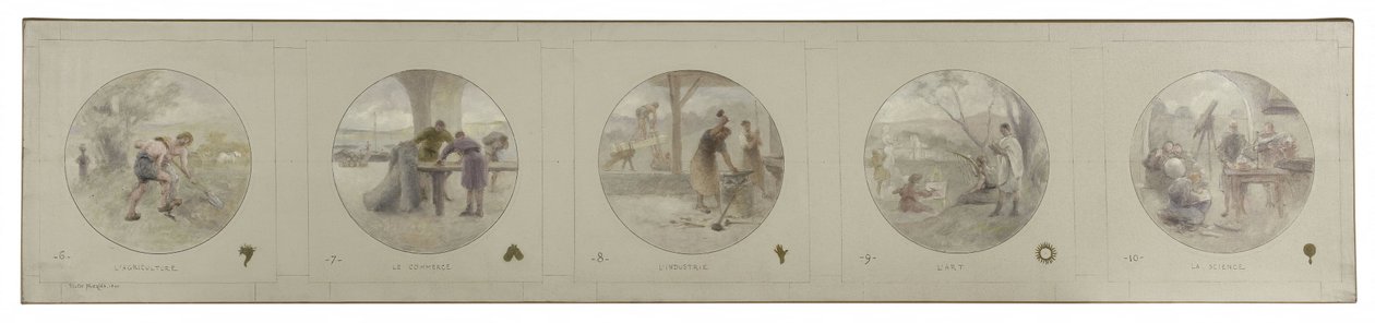 Luonnos Pariisin kaupungintalon Lobau-galleriaa varten: Maatalous. Kauppa. Teollisuus. Taide. Tiede, 1890 (lyijykynä, öljy kankaalle). tekijältä Victor Jean Pierre Maziès