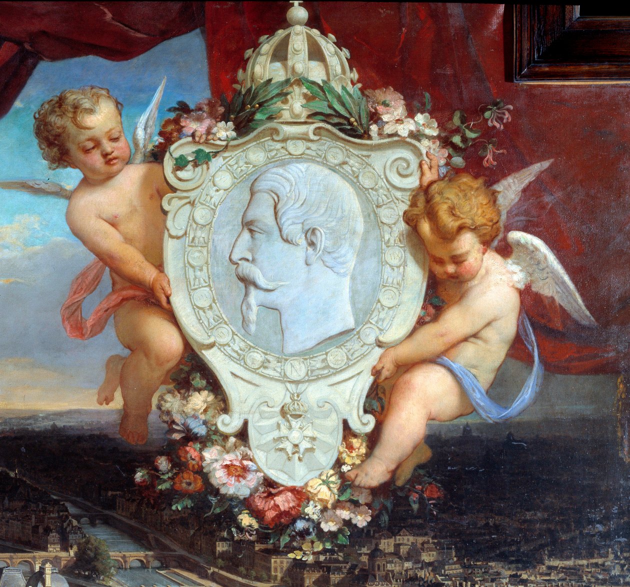 Yksityiskohta: "" Napoleon III:n Louvre"" "" Näkymä Palais du Louvresta ja Napoleon III:n (1808-1873) muotokuva medaljongissa"" Victor Joseph Chavetin (1822-1906) maalaus 1857 Su. 2,12 x 2,22 m Pariisi, musee du Louvre. tekijältä Victor Joseph Chavet