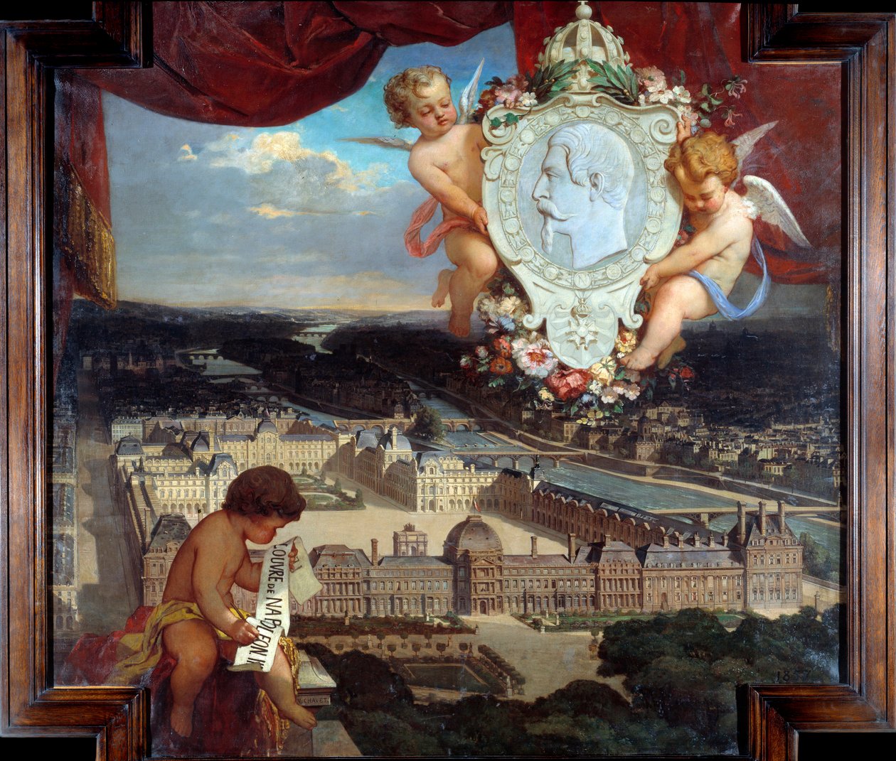 Napoleon III:n Louvre "" Näkymä Palais du Louvresta ja Napoleon III:n (1808-1873) muotokuva medaljongissa"" Victor Joseph Chavetin (1822-1906) maalaus 1857 su. 2,12 x 2,22 m Pariisi, Musee du Louvre. tekijältä Victor Joseph Chavet