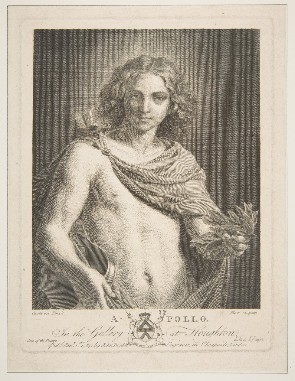 Apollo pukeutuu vaippaan ja kädessään laakerinoksa ja viulu, 1784. tekijältä Victor Marie Picot