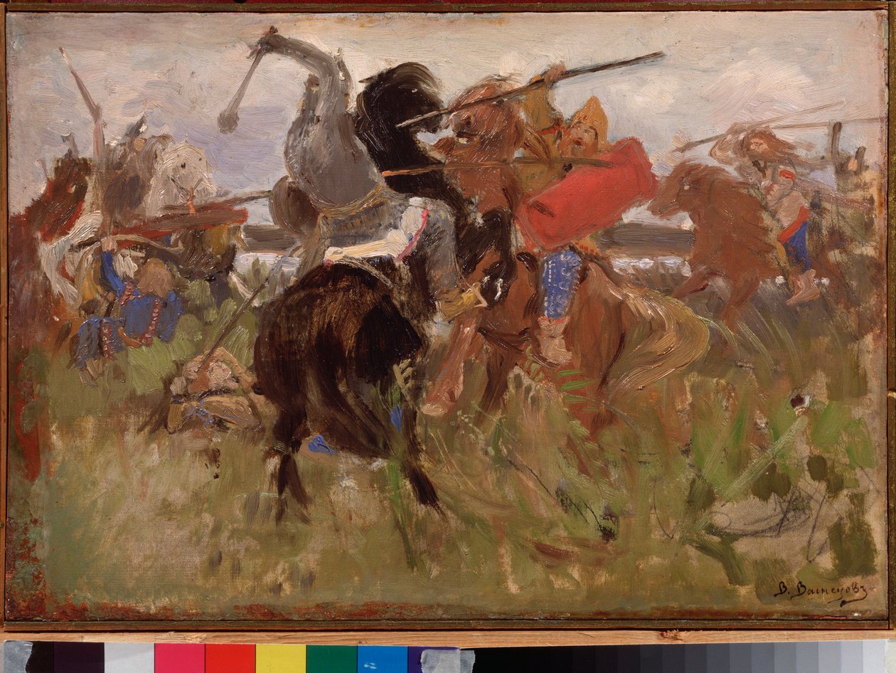 Taistelu skyytien ja slaavien välillä, haarniskan ratsastajien yhteenotto tekijältä Victor Mikhailovich Vasnetsov