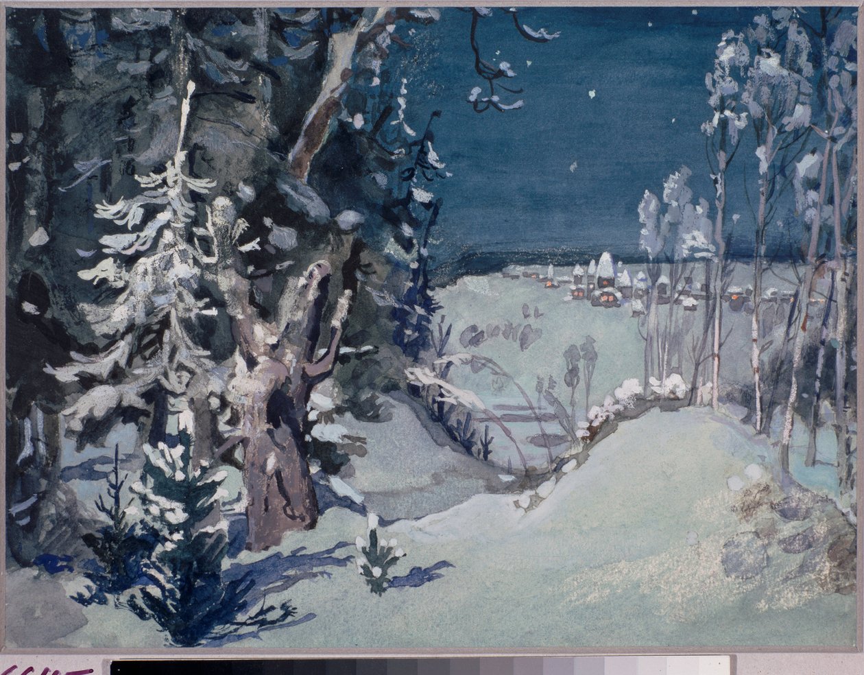 Valmisteleva sisustus Nikolai (Nikolai) Rimski Korsakovin (Rimski-Korsakovin) (1844-1908) oopperaan "The Snow Maiden" (N Rimski Korsakovin oopperan Snow Maiden lavastaminen) Kylä lumisessa maisemassa, yö - Taide Viktor Mi tekijältä Victor Mikhailovich Vasnetsov