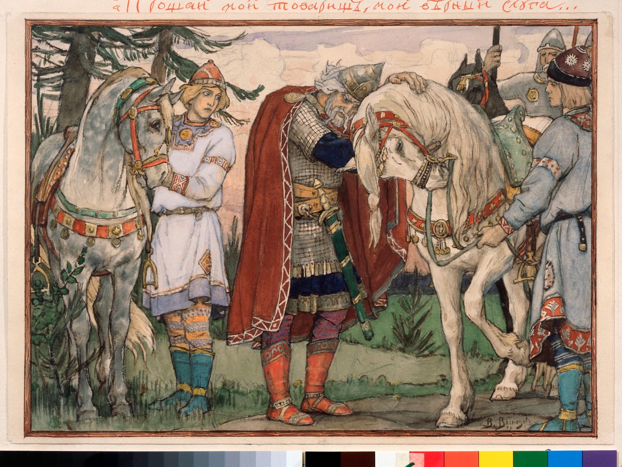 Oleg Viisaan laulu (Oleg Viisaan laulu) - Viktor Mikhaylovich Vasnetsovin (1848-1926) teos, akvarelli paperille tekijältä Victor Mikhailovich Vasnetsov