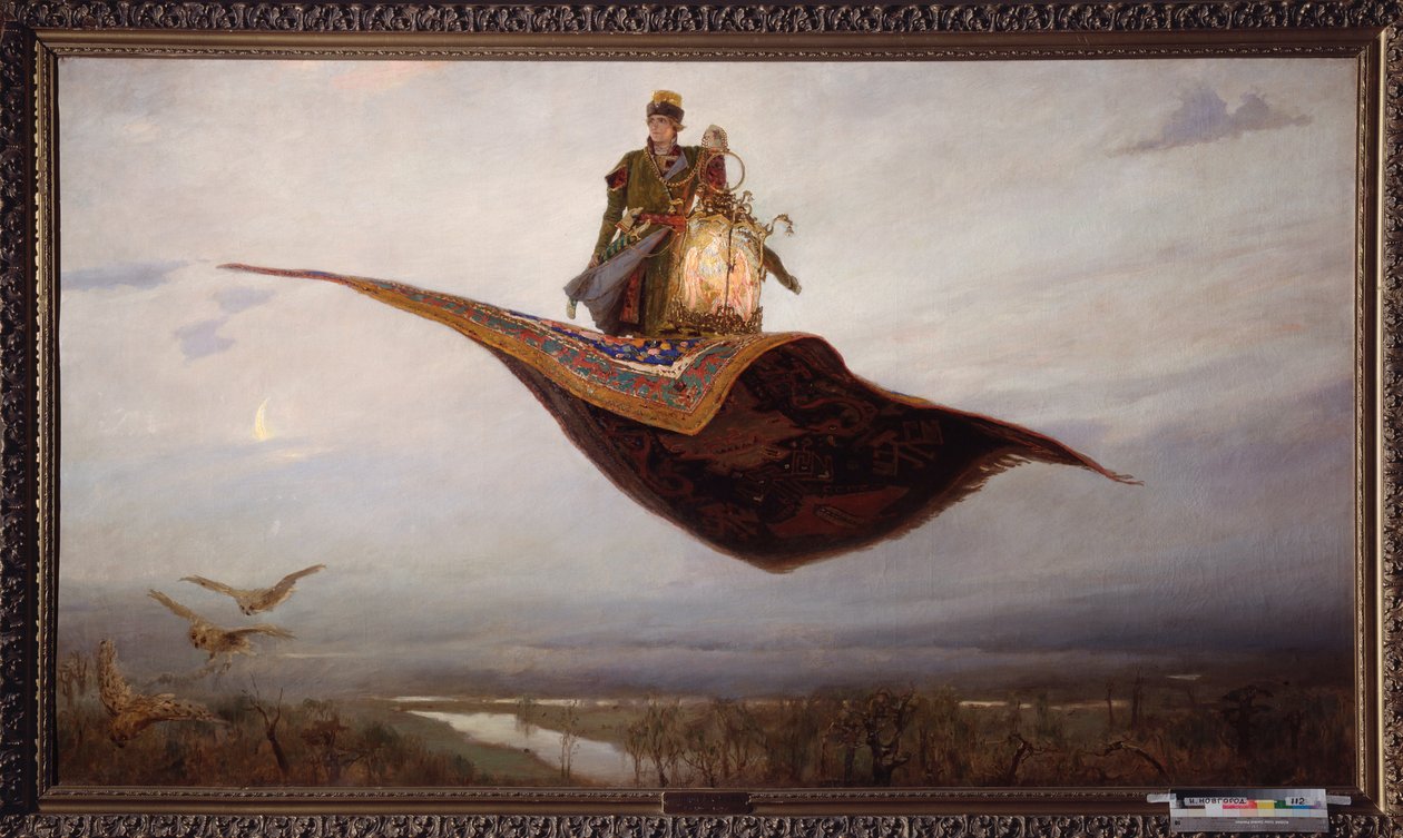 Lentävällä matolla ratsastus - Viktor Mikhaylovich Vasnetsovin (1848-1926) maalaus öljy kankaalle tekijältä Victor Mikhailovich Vasnetsov