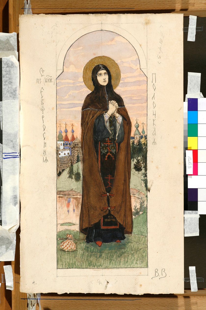 Muotokuva Euphrosyne of Polotsk (Eufrasinnia, Efrasinnia) (1110-1173) (tutkimus freskoa varten Pyhän Vladimirin katedraalissa Kiovassa) - Viktor Mikhaylovich Vasnetsovin (1848-1926) teos tekijältä Victor Mikhailovich Vasnetsov