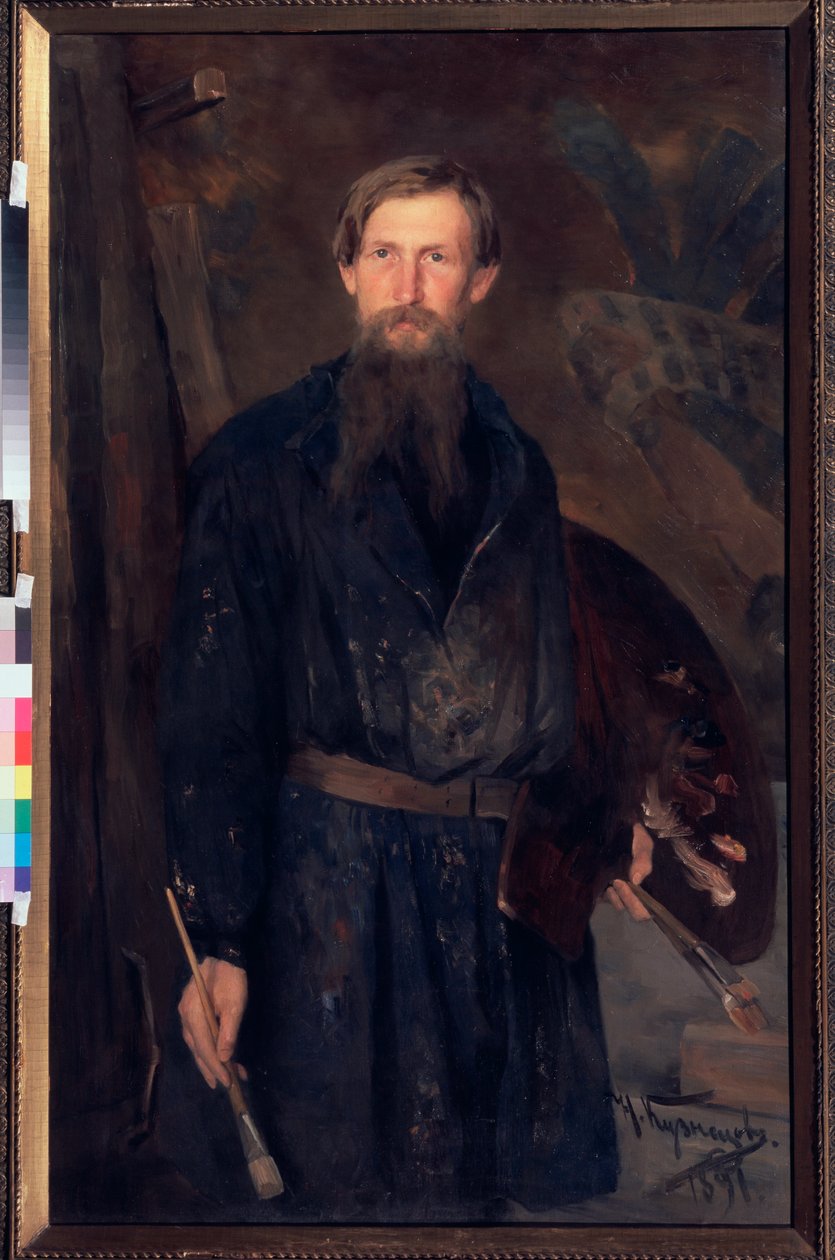 Taiteilija Viktor Vasnetsovin muotokuva (Taiteilija Viktor Vasnetsovin muotokuva) - Nikolai Dmitrievich Kuznetsovin (1850-1929) maalaus, öljy kankaalle tekijältä Victor Mikhailovich Vasnetsov