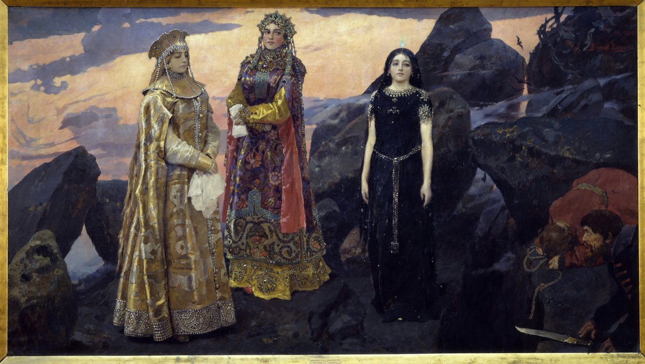 Kolme alamaailman kuningatarta. Maalaus Viktor Mikhaylovich Vasnetsov (1848-1926), öljy kankaalle tekijältä Victor Mikhailovich Vasnetsov