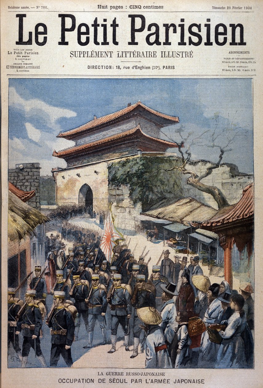 Japanin armeija miehitti Soulin, Korea - Kaiverrus Le Petit Parisienista, 28.2.1904 tekijältä Victor Mottez