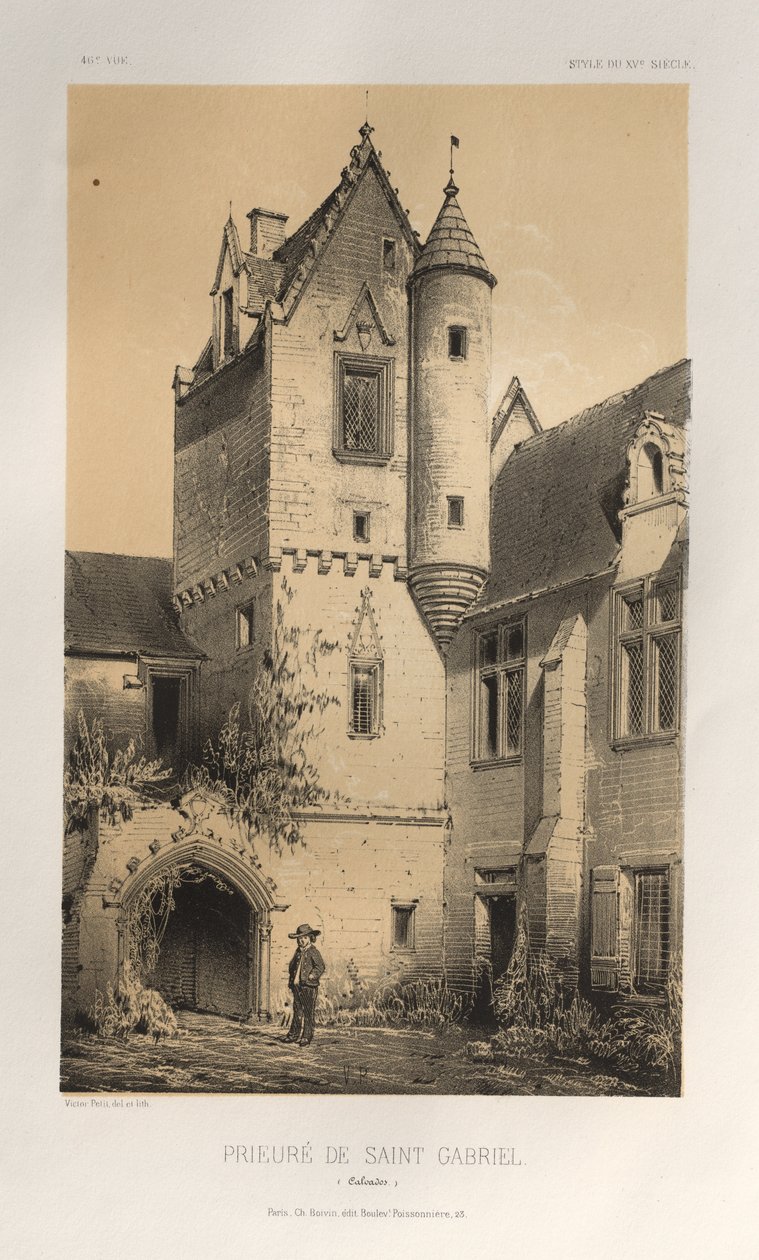 Arquitectura pintoresca o monuments del segle XV. I XVI. Segles: Castells de França dels segles XV i XVI: Pl. 46, Priorat de Sant Gabriel (Calvados)finès tekijältä Victor Petit