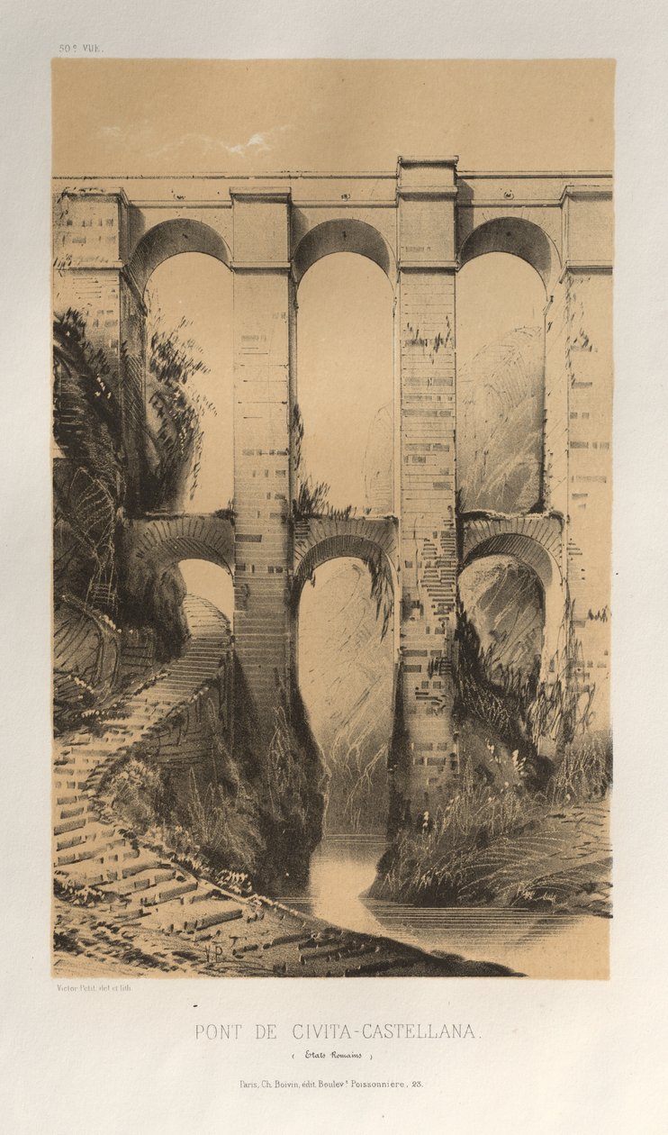 Viehättävää arkkitehtuuria tai 1400-luvun monumentteja. Ja XVI. Vuosisatoja: Ranskan linnat XV ja XVI vuosisadalla: Pl. 50, Pont De Civita-Castellana (Rooman osavaltiot) tekijältä Victor Petit