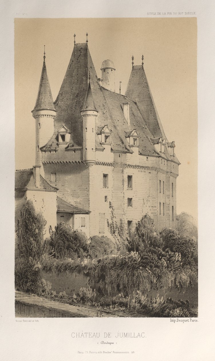 Kuvankaunis arkkitehtuuri tai 1400-luvun monumentit. Ja XVI. Vuosisatoja: Ranskan linnat XV ja XVI vuosisadalla: Pl. 51, Château De Jumillac (Dordogne) tekijältä Victor Petit