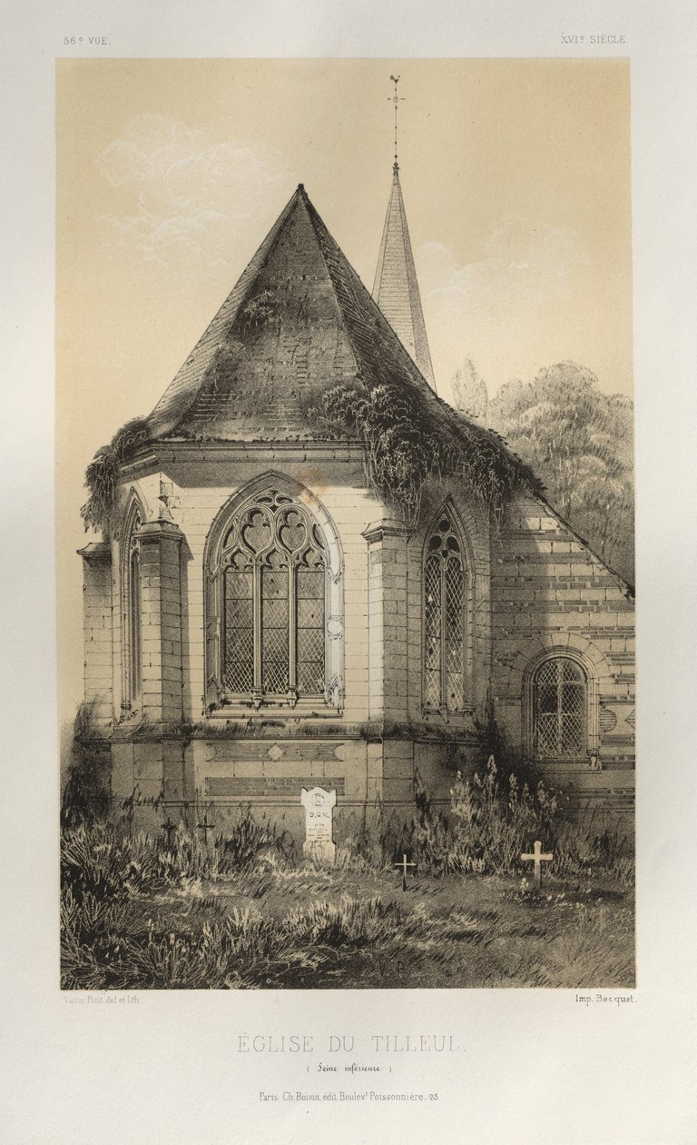 Kuvankaunis arkkitehtuuri tai 1400-luvun monumentit. Ja XVI. Vuosisatoja: Ranskan linnat XV ja XVI vuosisadalta: Pl. 56, Du Tilleul -kirkko (Ala-Seine) tekijältä Victor Petit