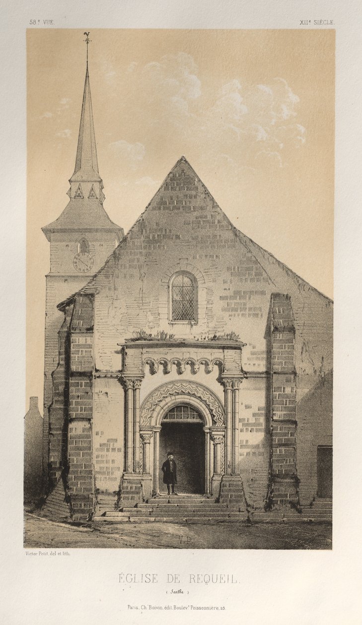 Kuvankaunis arkkitehtuuri tai 1400-luvun monumentit. Ja XVI. Vuosisatoja: Ranskan linnat XV ja XVI vuosisadalta: Pl. 58, De Requeil Church (Sarthe) tekijältä Victor Petit