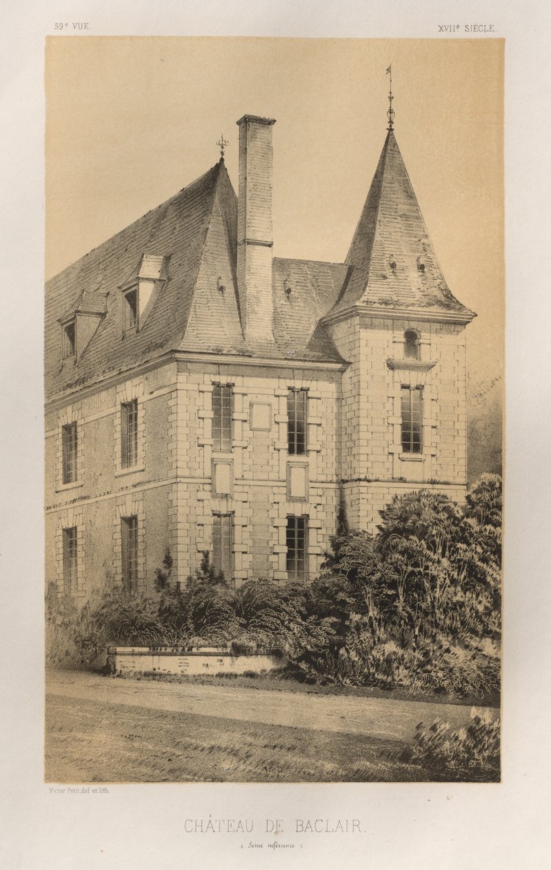 Kuvankaunis arkkitehtuuri tai 1400-luvun monumentit. Ja XVI. Vuosisatoja: Ranskan linnat XV ja XVI vuosisadalla: Pl. 59, Château De Baclair (Ala-Seine) tekijältä Victor Petit