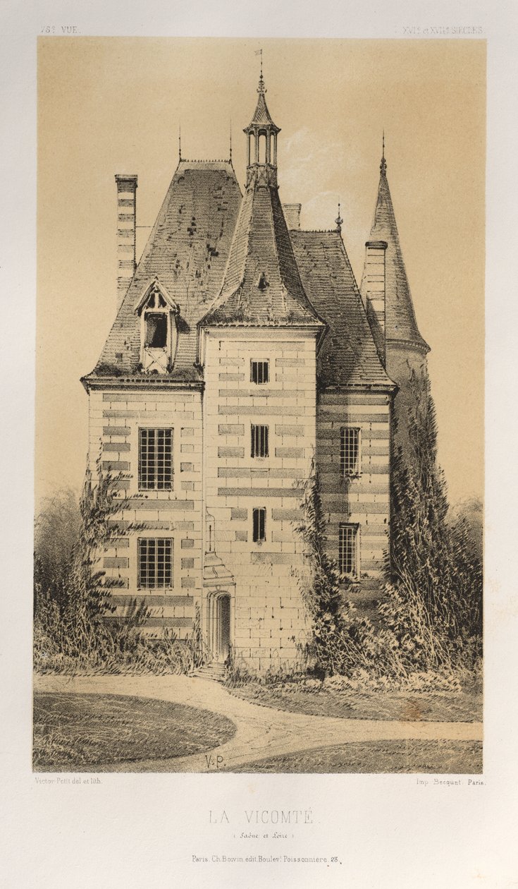 Kuvankaunis arkkitehtuuri tai 1400-luvun monumentit. Ja XVI. Vuosisatoja: Ranskan linnat XV ja XVI vuosisadalla: Pl. 75, La Vicomté (Saône et Loire) tekijältä Victor Petit