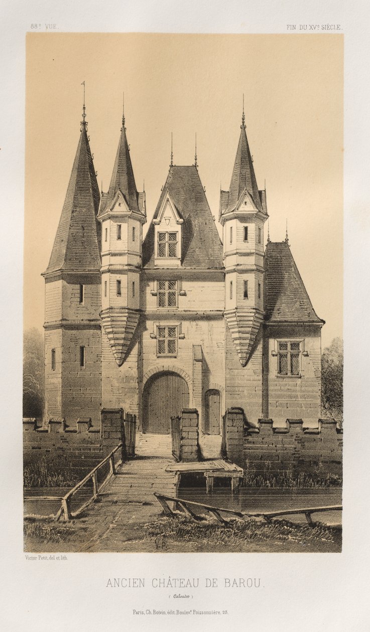 Kuvankaunis arkkitehtuuri tai 1400-luvun monumentit. Ja XVI. Vuosisatoja: Ranskan linnat XV ja XVI vuosisadalla: Pl. 88, Baroun vanha linna (Calvados) tekijältä Victor Petit