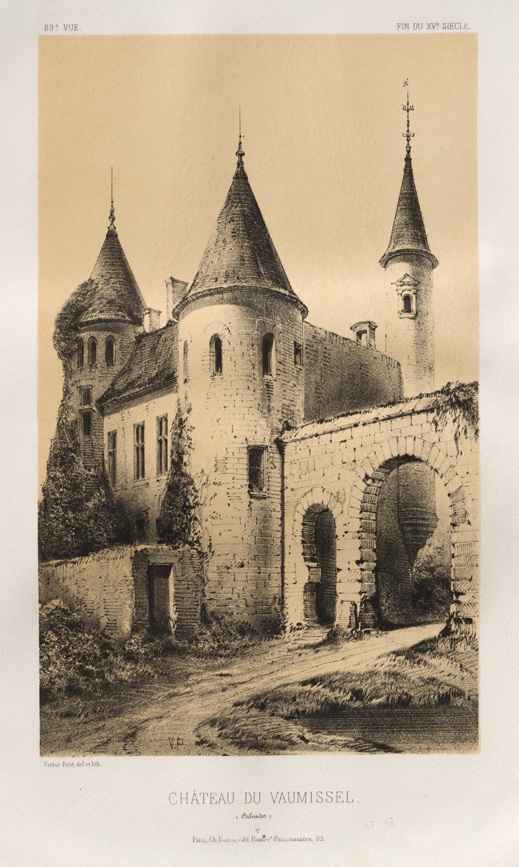 Kuvankaunis arkkitehtuuri tai 1400-luvun monumentit. Ja XVI. Vuosisatoja: Ranskan linnat XV ja XVI vuosisadalla: Pl. 89, Château du Vaumissel (Calvados) tekijältä Victor Petit