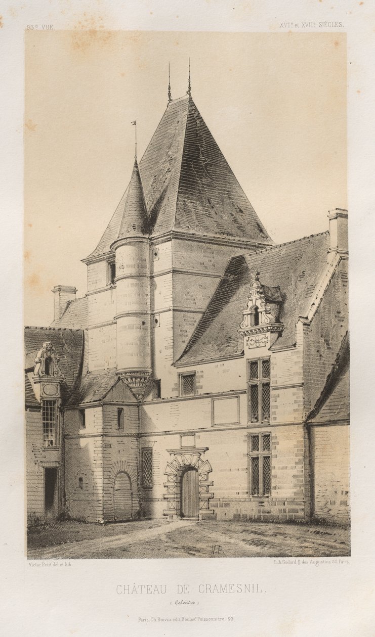 Viehättävää arkkitehtuuria tai 1400-luvun monumentteja. Ja XVI. Vuosisatoja: Ranskan linnat XV ja XVI vuosisadalla: Pl. 93, Château de Cramesnil (Calvados) tekijältä Victor Petit