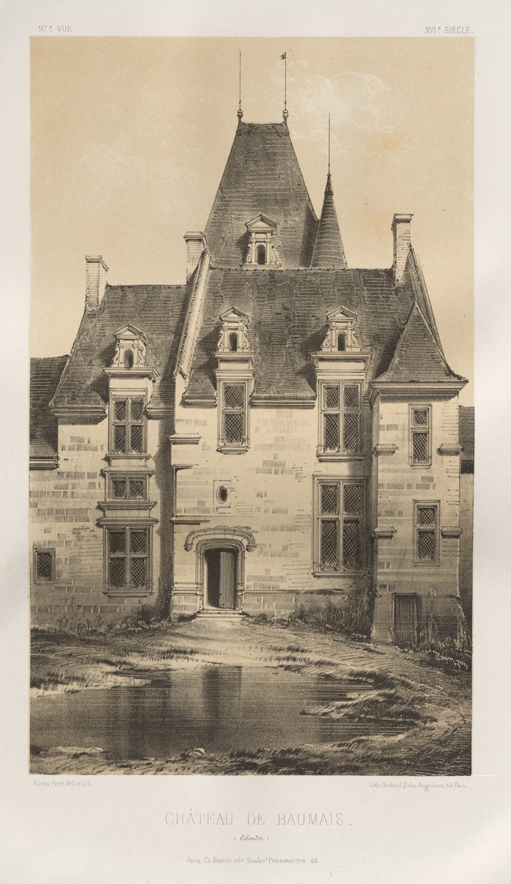 Kuvankaunis arkkitehtuuri tai 1400-luvun monumentit. Ja XVI. Vuosisatoja: Ranskan linnat XV ja XVI vuosisadalla: Pl. 97, Château de Baumais (Calvados) tekijältä Victor Petit