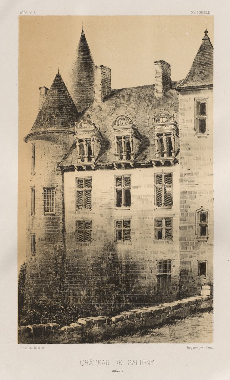 Kuvankaunis arkkitehtuuri tai 1400-luvun monumentit. Ja XVI. Vuosisatoja: Ranskan linnat XV ja XVI vuosisadalla: Pl.100, Château de Saligny (liittoutuneita) tekijältä Victor Petit