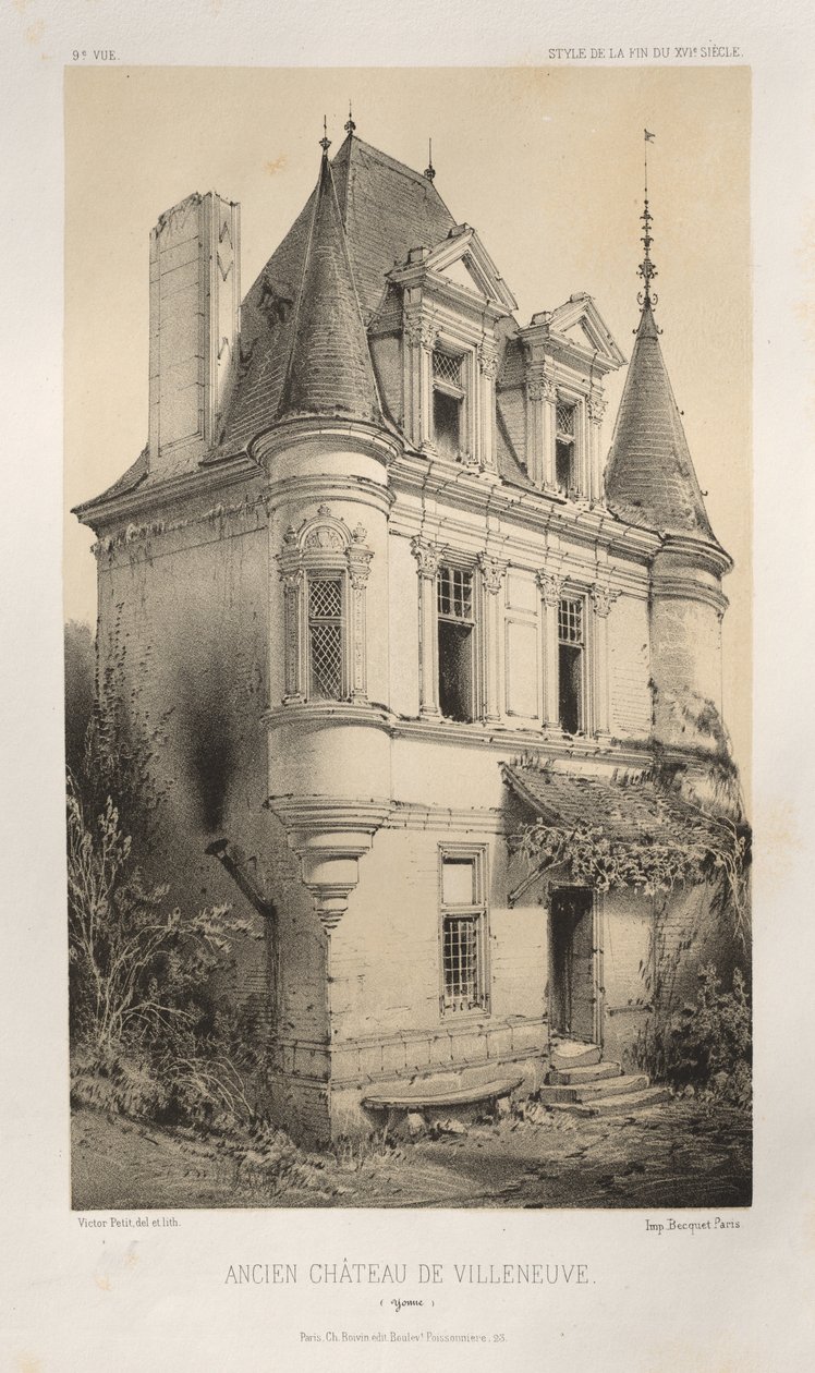 Kuvankaunis arkkitehtuuri tai 1400-luvun monumentit. Ja XVI. Vuosisatoja: Chateaux De France XV ja XVI vuosisadalla: Pl. 9, Old Chateau of Villeneuve (Yonne) tekijältä Victor Petit