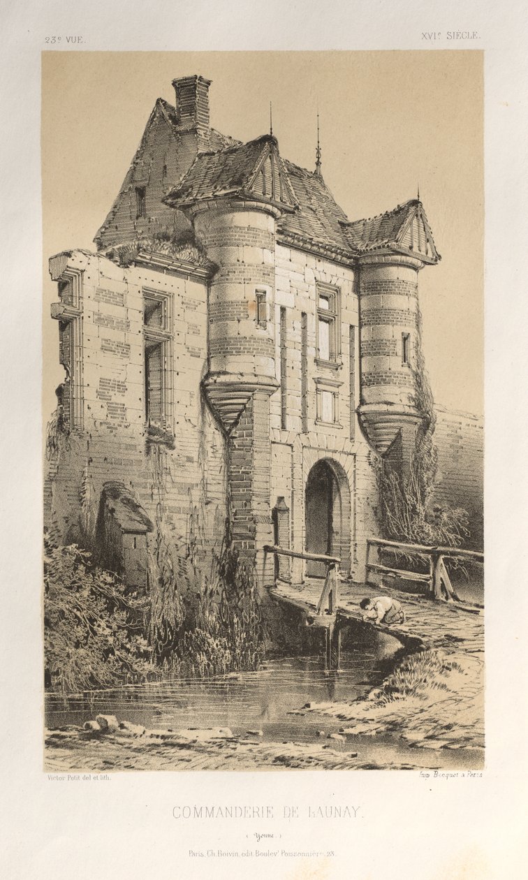 Kuvankaunis arkkitehtuuri tai 1400-luvun monumentit. Ja XVI. Vuosisadat: Chateaux De France XV ja XVI vuosisadalla: Pl. 23 Commanderie De Launay (Yonne) tekijältä Victor Petit