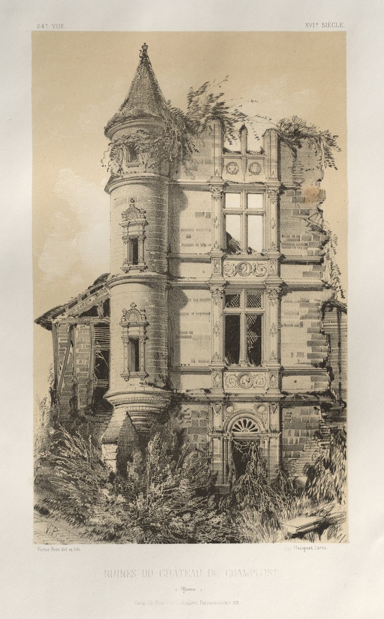 Viehättävää arkkitehtuuria tai 1400-luvun monumentteja. Ja XVI. Vuosisatoja: Ranskan linnat XV ja XVI vuosisadalla: Pl. 24, Chateau De Champlostin rauniot (Yonne) tekijältä Victor Petit