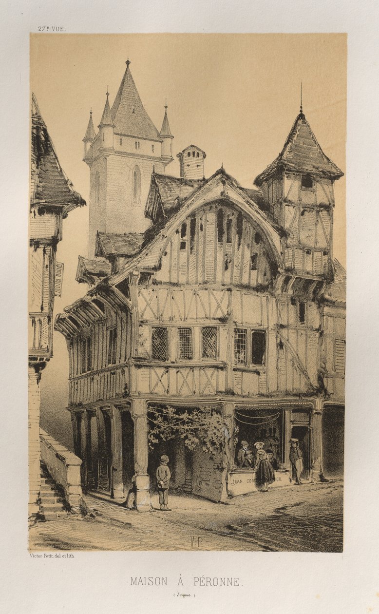 Viehättävää arkkitehtuuria tai 1400-luvun monumentteja. Ja XVI. Vuosisatoja: Chateaux De France XV ja XVI vuosisadalla: Pl. 27, House A Peronne (Somme) tekijältä Victor Petit