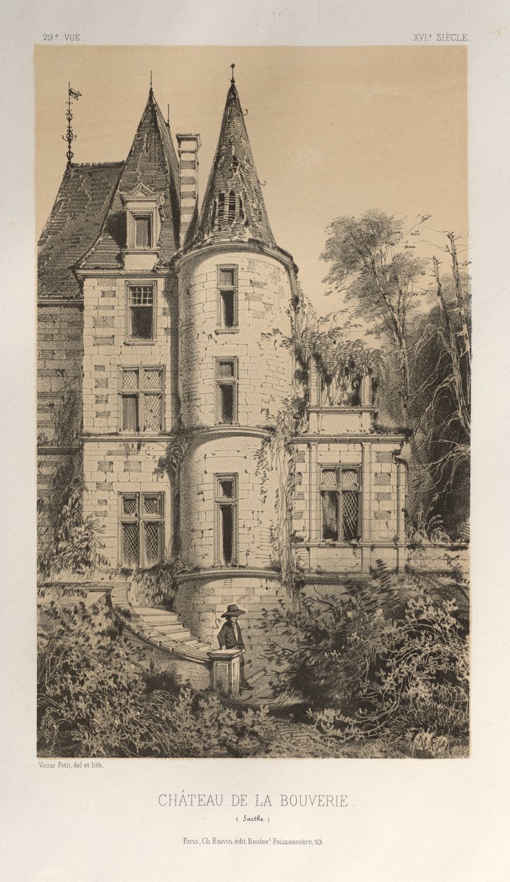 Kuvankaunis arkkitehtuuri tai 1400-luvun monumentit. Ja XVI. Vuosisatoja: Ranskan linnat XV ja XVI vuosisadalla: Pl. 29, Chateau De La Bouverie (Sarthe) tekijältä Victor Petit