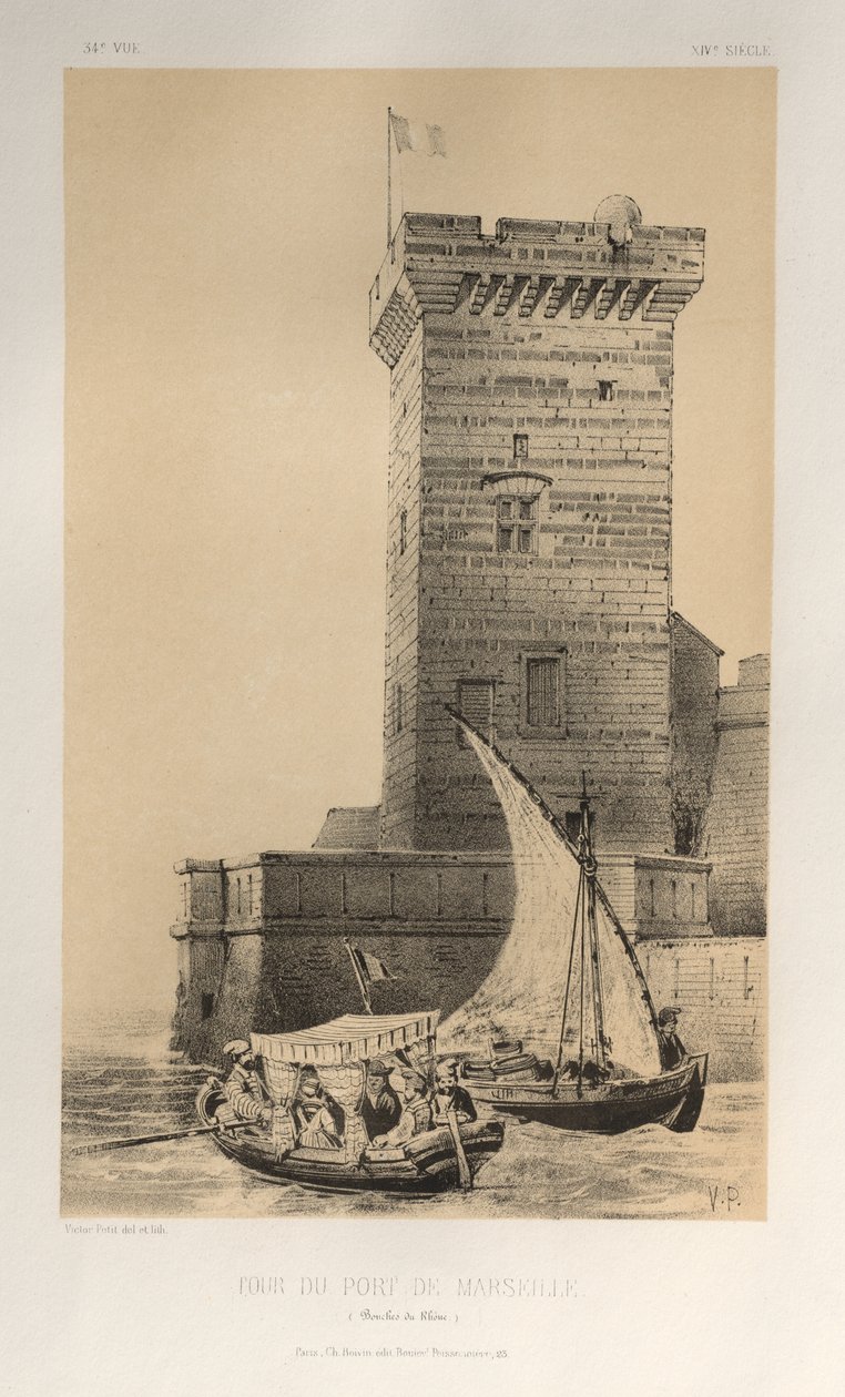 Kuvankaunis arkkitehtuuri tai 1400-luvun monumentit. Ja XVI. Vuosisatoja: Ranskan linnat XV ja XVI vuosisadalla: Pl. 34, Marseillen sataman torni (Bouches Du Rhône) tekijältä Victor Petit