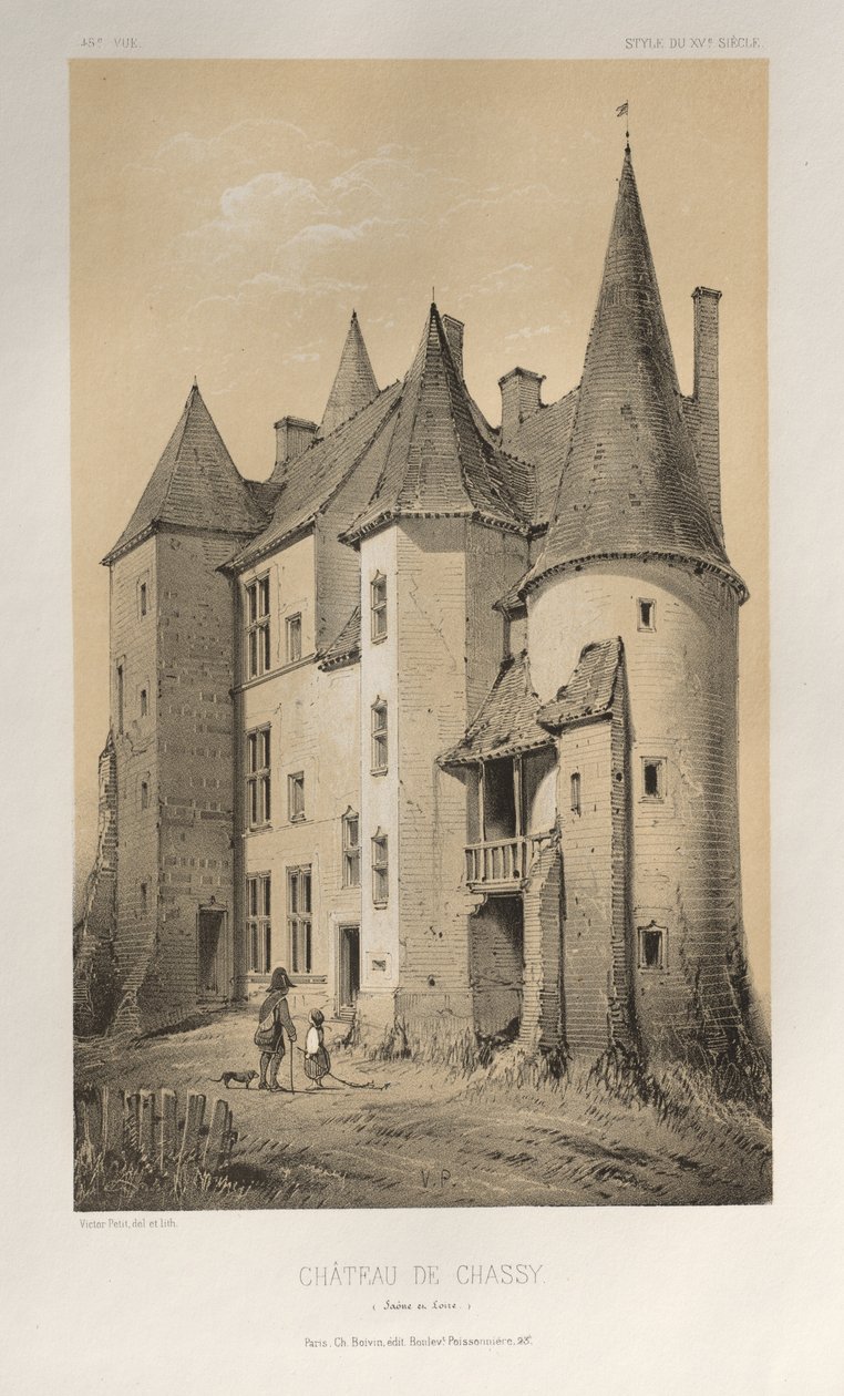 Kuvankaunis arkkitehtuuri tai 1400-luvun monumentit. Ja XVI. Vuosisatoja: Chateaux De France XV ja XVI vuosisadalla: Pl. 45 Château De Chassy (Saône et Loire) tekijältä Victor Petit